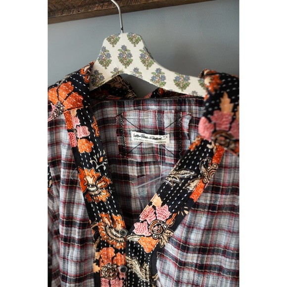 Free People Black & White Plaid Button-Down with Floral Patchwork - Picture 3 of 5